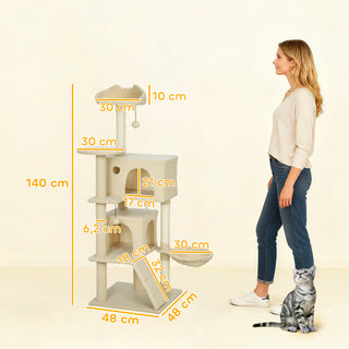 Kradsetræ 140 cm kattetårn med hængekøje, stige, hule, 2 plysbolde, sisalstolper, 48 x 48 x 140 cm, beige
