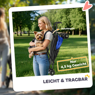 Hundeklapvogn, Sammenklappelig Hundeklapvogn til Hunde og Katte op til 4 kg, Katteklapvogn med Netvinduer, Skulderrem, Opbevaringspose, Kopholder, Paraply, Katteklapvogn, Mørkeblå