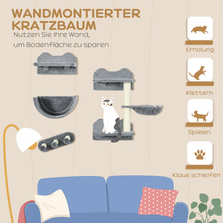 Klatrevæg til katte, 4-delt, kradsetræ til katte med kattetrappe, hængekøje, hoppeplatform, kradsetræ til væggen, vægmøbler til katte, op til 5 kg