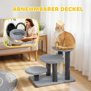 Kradsetræ og Kattetrappe, Bred Base, Plysstof, Sisal Kradsetræ, Grå