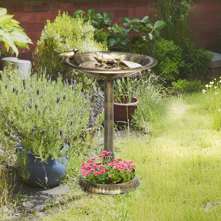 Fuglebad med statue, blomstermønster, 2 bassiner, plastik, antikt look, 50B x 72H cm, bronzefarvet