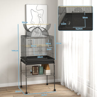 Stort Fuglebur Undulatbur med Bakke, Opbevaringsområde, Foderstation, Fuglehus med Hjul til Kanariefugle, Stål 63 x 53 x 144 cm Sort