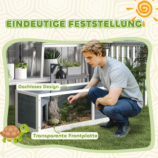 Træskildpaddehus, Skildpaddeindhegning med to hovedhuse, hængslet top, lysstativ, transparent frontpanel, 120 x 50 x 40 cm, grå
