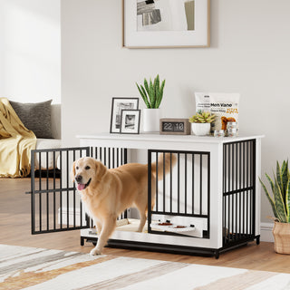 Stor Hundebur, Nem Adgang, Låsbar, Roterende Skålholder, Til Små og Store Hunde, Hvid