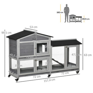 Smådyrsbur med hjul, dværgkaninbur, fritgående indhegning, asfalttag, smådyrshus, dværgkaningård, dobbeltdækker af grantræ, stål, grå, 157,4 x 53 x 99,5 cm