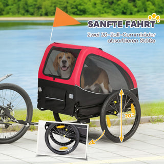 Sammenklappelig hundetrailer med reflekser, netvindue, hjul, dør, sikkerhedsflag til hunde op til 20 kg, 138x70x89 cm, rød