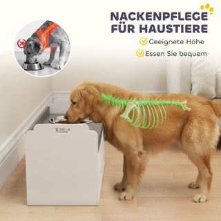 Hundeskål, hævet foderskål med opbevaringsskab, 2 skåle med skridsikre ringe, 60 x 30 x 35,5 cm, hvid