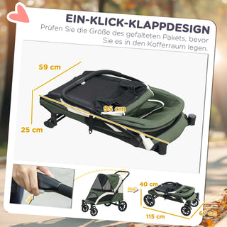 Hundeklapvogn, Sammenklappelig Hundeklapvogn til Store Hunde og Katte op til 30 kg, Katteklapvogn med Pude, Netvinduer, Døre, Opbevaringspose, Katteklapvogn med Sikkerhedsliner, Bremser, Klapvogn, Mørkegrøn