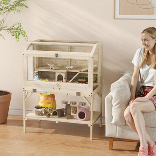 Hamsterbur, 2 niveauer, bur til små dyr med opbevaringsrum, tilbehør, 84 x 53 x 110 cm, naturtræ