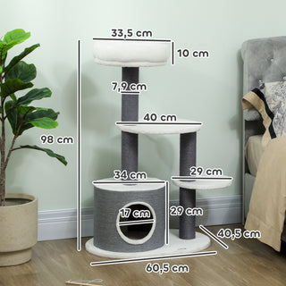 Kradsetræ med 1 kattehule, 1 katteseng, 2 platforme, jute rebstolper, hvid + grå