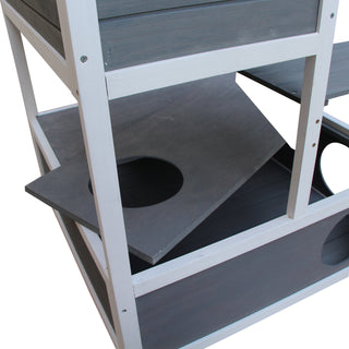 Kattehus med kattebakke, 4-etagers kattehus med balkon, kattevilla med trappe, asfalttag, massivt træ, grå, 78 x 76 x 140 cm