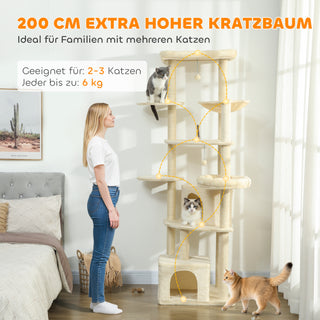 2 meter højt kradsetræ til 2-3 katte, kradsetræ, huler, hængekøje, skjulesteder, design i flere niveauer, sisal, træ, plys, beige