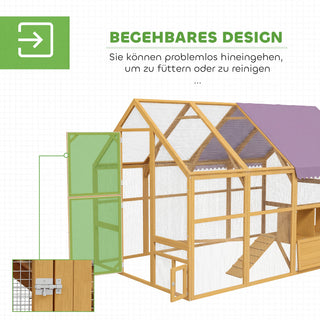 Træhønsehus med løbegård, sikkerhedslås, dør, 4 redekasser, til 8-12 kyllinger, ca. 2,8 x 1,8 x 1,9 m, gul