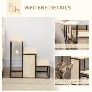 Kæledyrstrappe 3-trins kattetrappe hundetrappe med kradsebræt og legebold lavet af stål og sisal 51x54x53cm til katte og hunde