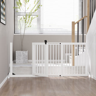 Hundegitter, Fritstående Hundegitter i Træ med Dør i Hvid, 113-166x36x71cm, Ideel til Beskyttelse af Kæledyr