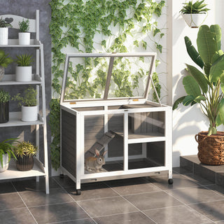 Smådyrsbur med 2 niveauer, 4 hjul, forseglet fyrretræ, grå