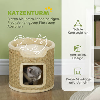 Kradsetønde til Katte, 37 cm høj kattetønde med dør, 2-niveauers kradsetræ, Sisal kattetårn, til katte op til 5 kg, Khaki