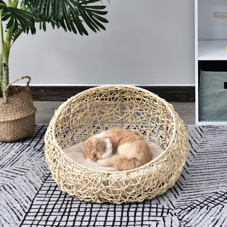 Katteseng lavet af rattan, komfortabel kattehule med hynde, kattekurv og hundeseng, beige Ø56x35cm til katte og små hunde