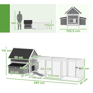 Stort hønsehus til 7-10 kyllinger, siddepladser, gynge, vinduer, redekasser, trådnet, grå