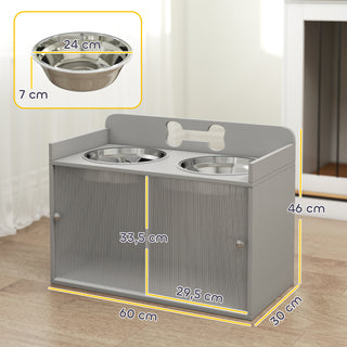 Hævet foderstation med 2 skåle og skab, MDF, rustfrit stål, knoglemønster, grå