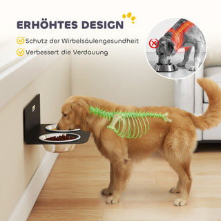 Højdejusterbar vægmonteret hundeskål med 2 x 800 ml skåle i rustfrit stål, 42 x 23,5 x 14 cm, sort