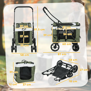 2 i 1 hundebuggy, foldbar hundevogn til hunde og katte op til 10 kg, kattevogn med hynde, netvinduer, døre, opbevaringskurv, kattevogn, mørkegrøn