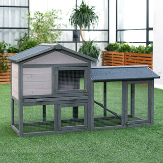 Smådyrsbur med løbegård, bur til små dyr, marsvinebur, udendørs marsvinebure, smådyrshus, fyrretræ, mørkegrå, 147 x 54 x 84 cm