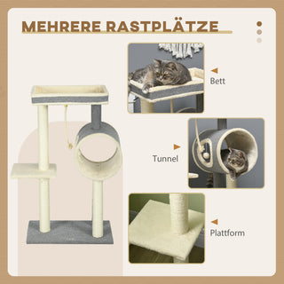 Kradsetræ 104 cm med Kattehule, Kradsetræ med Legebold, Kradsetræ med 2 Hvileområder, Klatretræ til Katte op til 5 kg, Kattemøbler, Sisal, Grå