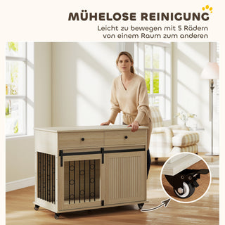 Hundebur på hjul, 2 døre, 2 skuffer, til mellemstore og store hunde, træ, stål