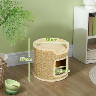 Kradsetønde til Katte, 37 cm høj kattetønde med dør, 2-niveauers kradsetræ, Sisal kattetårn, til katte op til 5 kg, Khaki