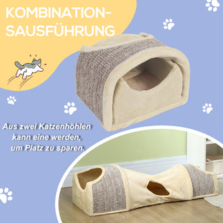 Kattetunnel Legetunnel med 2 huse, 3 åbninger, Sammenklappelig kæledyrstunnel til katte op til 6 kg, Indendørs, Beige