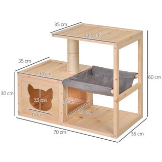 Kattehus med hængekøje og sisalstang, kattebur af grantræ, naturlig 70x35x60cm til katteelskere