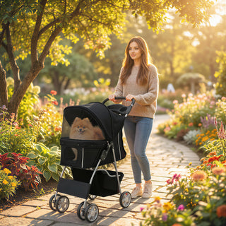 Sammenklappelig hundebåren/hundevogn med refleksstriber, opbevaringskurv og hynde til små hunde op til 10 kg, 77x44x102 cm, sort