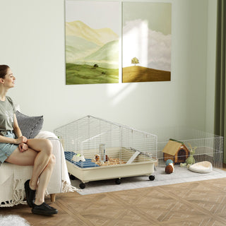 Bur til små dyr med kravlegård, kaninbur, bur til små dyr med vandflaske, høfoderautomat, foderskål, rampe, gnaverbur med hjul til marsvin og pindsvin, hvid