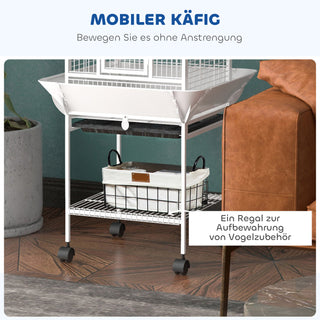 Fuglebur, papegøjebur med 3 døre, 2 siddepladser, 360° hjul, madskål, hylde, legeområde, 62,5x62,5x156 cm, hvid