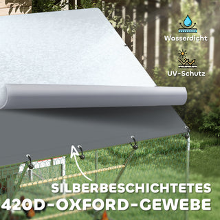 Hønsehus til fritgående hønsegårde i stål, 300 x 200 x 195 cm hønsebur med UV-bestandigt overtræk, foderlem, hængende foderautomat, siddepind, hønsegård til 6-8 høns, små dyr, sølv