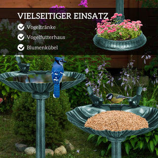 Fuglebad med statuer, 2 bassiner, plastik, antikt look, 49,5L x 38B x 81H cm, mørkegrøn