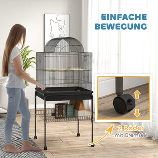 Stort Fuglebur Undulatbur med Bakke, Opbevaringsområde, Foderstation, Fuglehus med Hjul til Kanariefugle, Stål 63 x 53 x 144 cm Sort