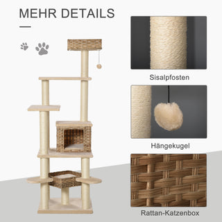 Rattan Kradsetræ, H174 cm, XXL Kradsetræ med Katteboks, Siddepinde, Kattehule, Sisal, Beige+Brun