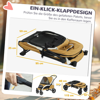 Hundeklapvogn, foldbar hundevogn til store hunde, kæledyrsklapvogn med 4 hjul, sikkerhedssnore, bremser, brun