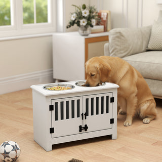 Forhøjet Foderskål til Kæledyr med 2L Rustfri Stålskål, Opbevaringsplads, Dobbeltdør med Lås, Hundestang til Ekstra Store Hunde, Hvid