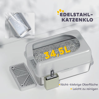Kattebakke med Låg, Kattebakke med Skovl, Kattetoilet i Rustfrit Stål med Opbevaringsboks til Katte Under 4,5 kg, Indendørs, Lysegrå