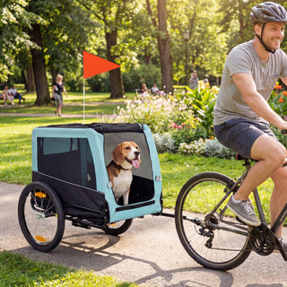 Sammenklappelig cykelanhænger med sikkerhedsreflekser og snor, til mellemstore hunde op til 20 kg, 143 x 70 x 90 cm, lyseblå