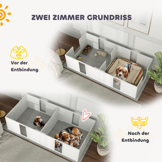 Hvalpekasse, hvalpegård med skridsikre gulvbeskyttere, justerbar dør, hvalpegård i træ, til små til mellemstore hunde, 196 x 96 x 48 cm, hvid