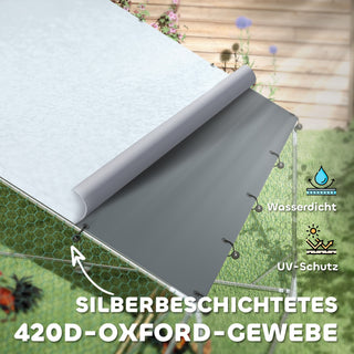 Hønsehus til fritgående høns lavet af stål, 300 x 600 x 195 cm hønsebur med UV-bestandigt overtræk, foderlem, hængende foderautomat, siddepind, hønsegård til 18-24 høns, små dyr, sølv