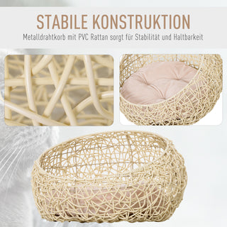 Katteseng lavet af rattan, komfortabel kattehule med hynde, kattekurv og hundeseng, beige Ø56x35cm til katte og små hunde