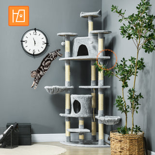 Kradsetræ Stort 200 cm XXL Kradsetræ med Kattehuler og Hængekøjer, Stald til Store Katte i Lysegrå