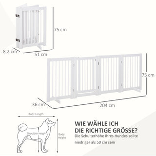 Hundegitter, 4-delt, 204 x 75 cm, Foldbar Dørgitter med Dør, Fritstående Hundegitter med 2 Støttefødder, Trætrappegitter til Entre, Køkken, Trapper, Hvid