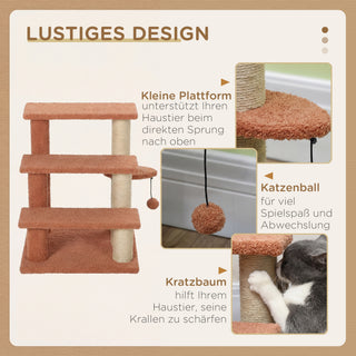 Kattetrappe, Kæledyrstrappe til Katte og Hunde, 3 Trin med Kradsetræer og Plysbold, Brun, 45x40x48cm for Mere Komfort