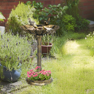 Fuglebad med statuer, 2 bassiner, plastik, antikt look, 49,5L x 38B x 81H cm, bronzefarvet